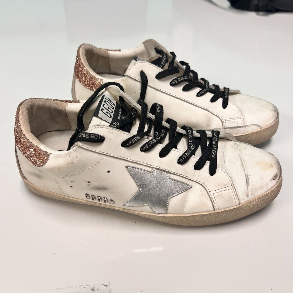 Golden Goose Superstar Sneakers Womens 42 White Leather Silver Star Pink Glitter